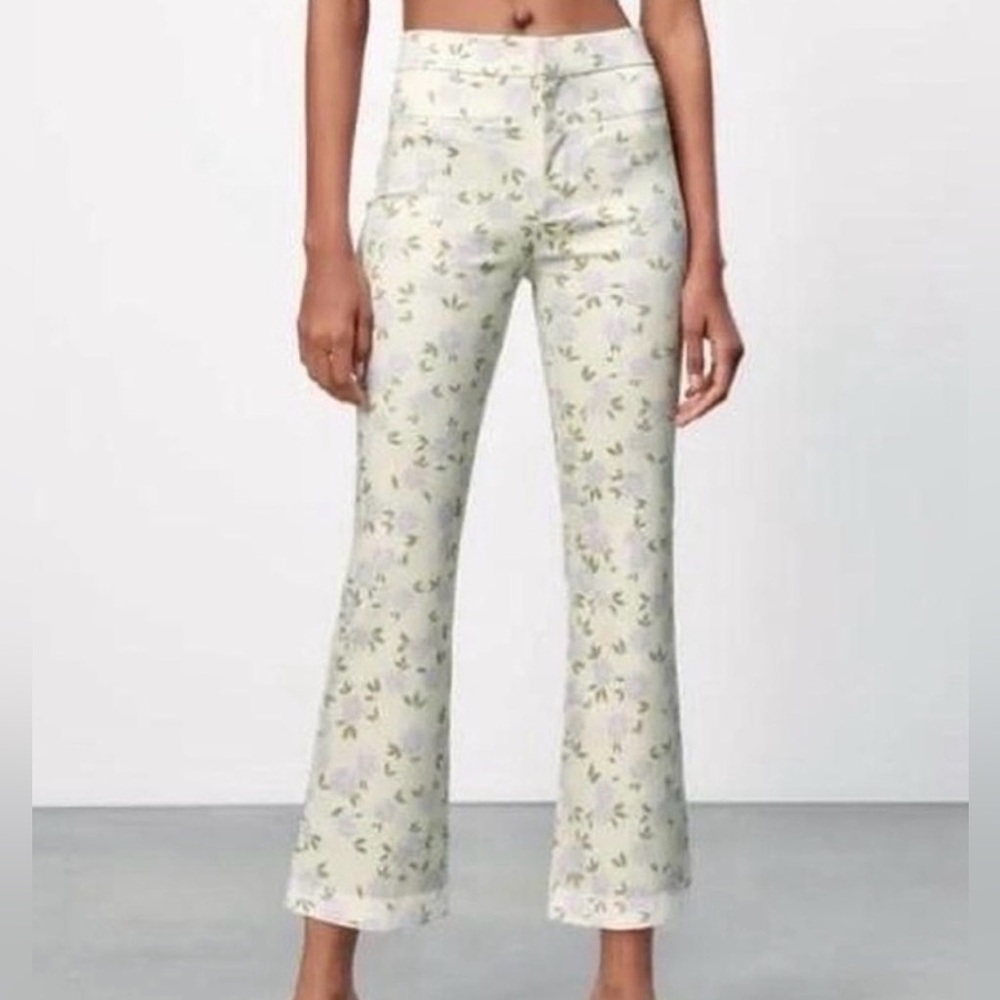 Zara Floral Print Pants - Cream and Green